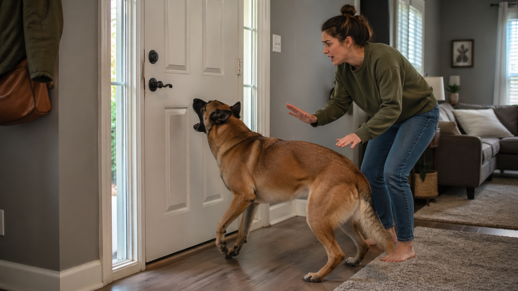 A medium-sized dog standing close to a front door, barking with its body leaning forward while a person stands a few steps behind