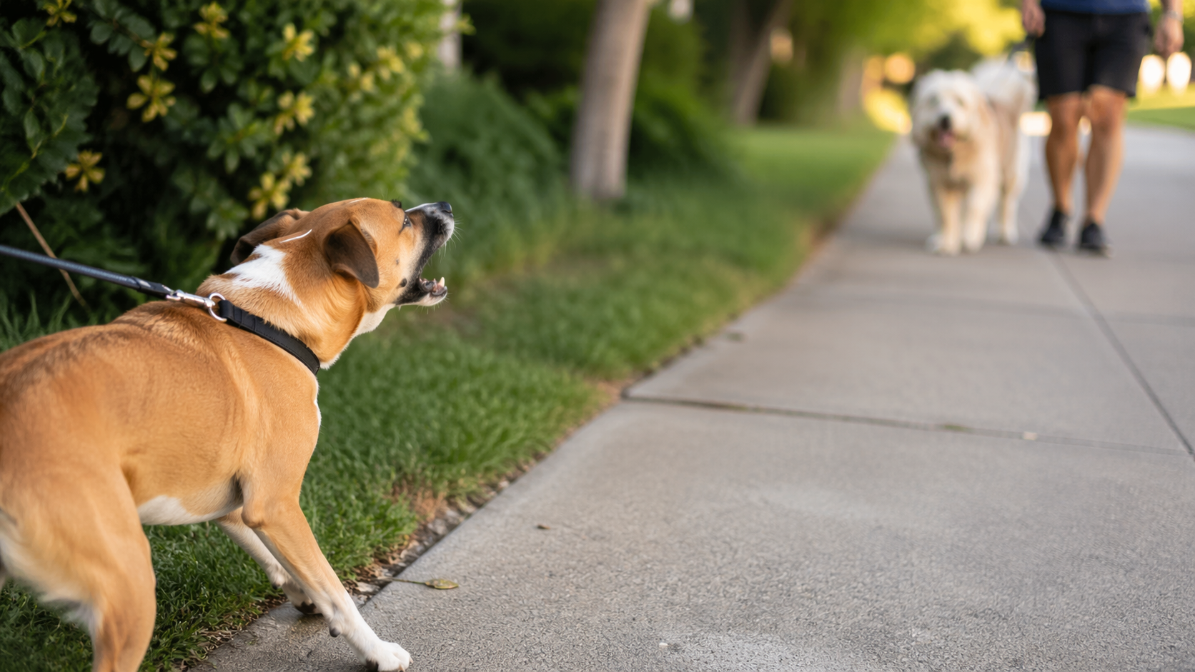 A medium-sized dog on a leash barking and leaning forward while another dog walks past on a sidewalk