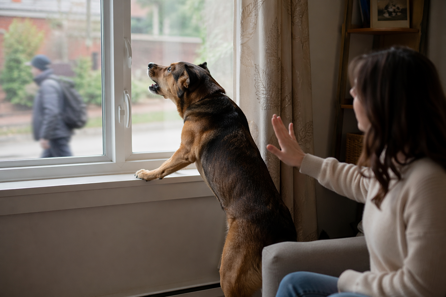 A small dog stands on a window ledge barking while looking outside at a person walking past