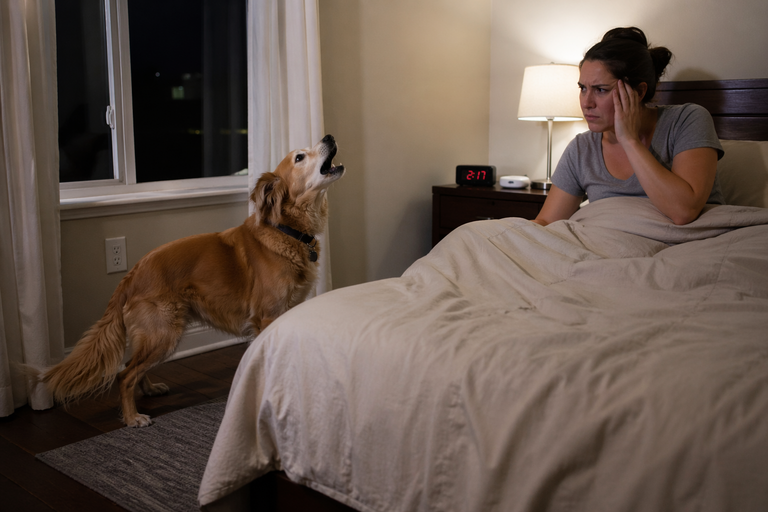 A medium-sized dog standing by a window barking while a woman sits in bed looking annoyed
