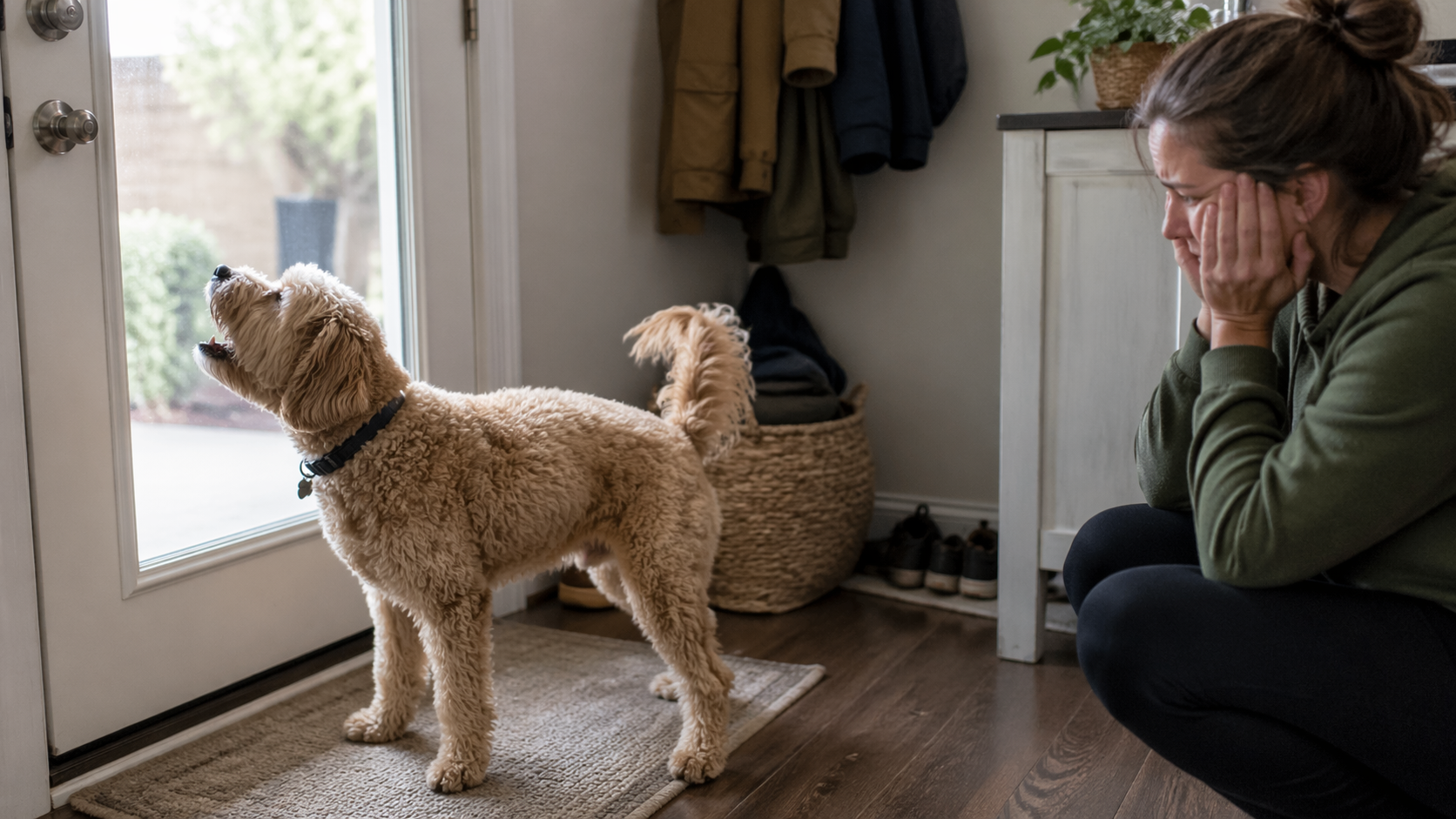 A curly dog stands by a glass door barking outside