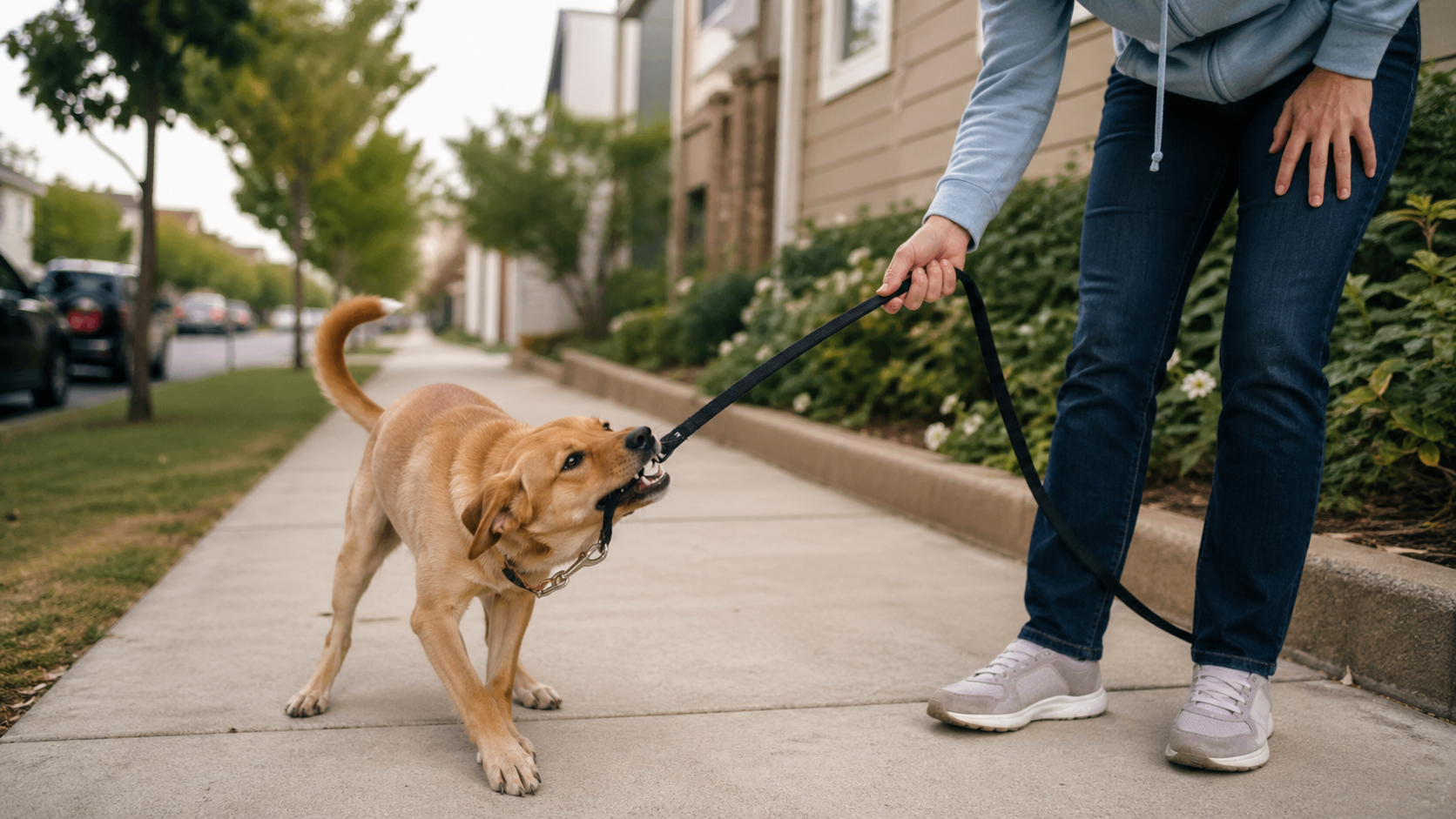 A medium-sized dog gripping its leash with its teeth while standing on a sidewalk as the owner holds the other end