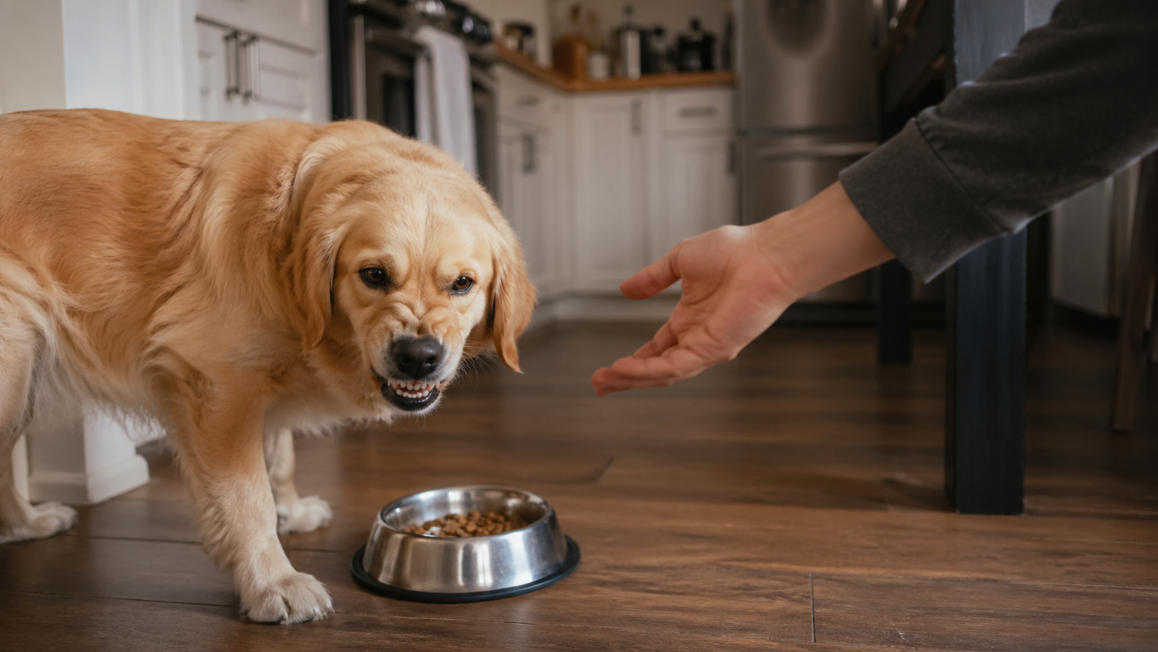 A dog eating from a bowl on the floor while a person stands a short distance behind watching