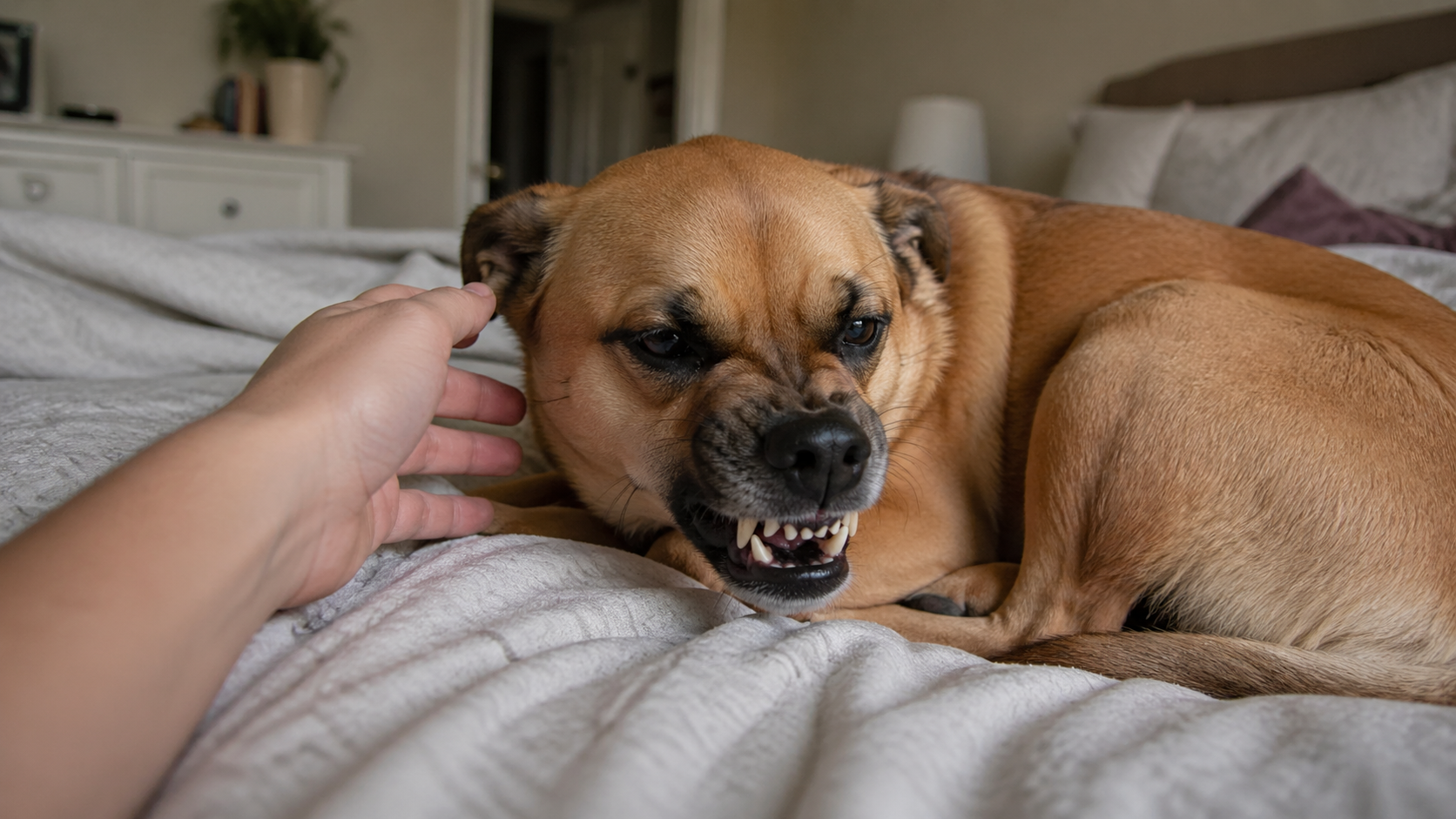 A small brown dog curled on a bed bares its teeth as a hand reaches toward it