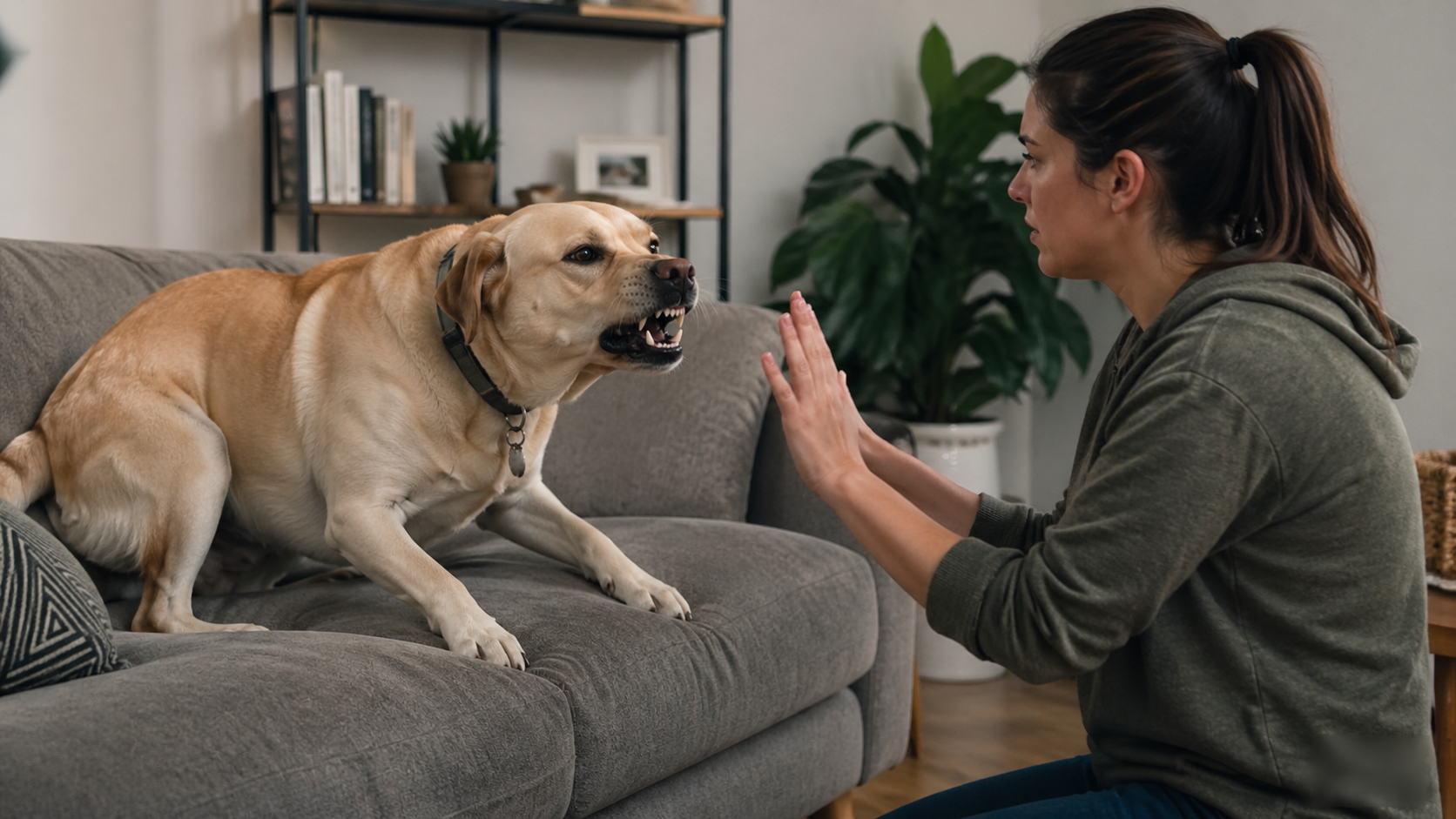 A tan dog on a gray couch bares its teeth while a woman holds her hands up in front of it