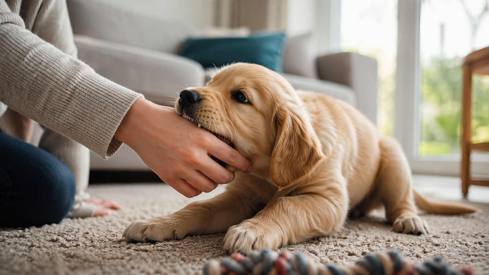 A small golden puppy gently biting a person’s hand while lying on a soft carpet in a bright living room