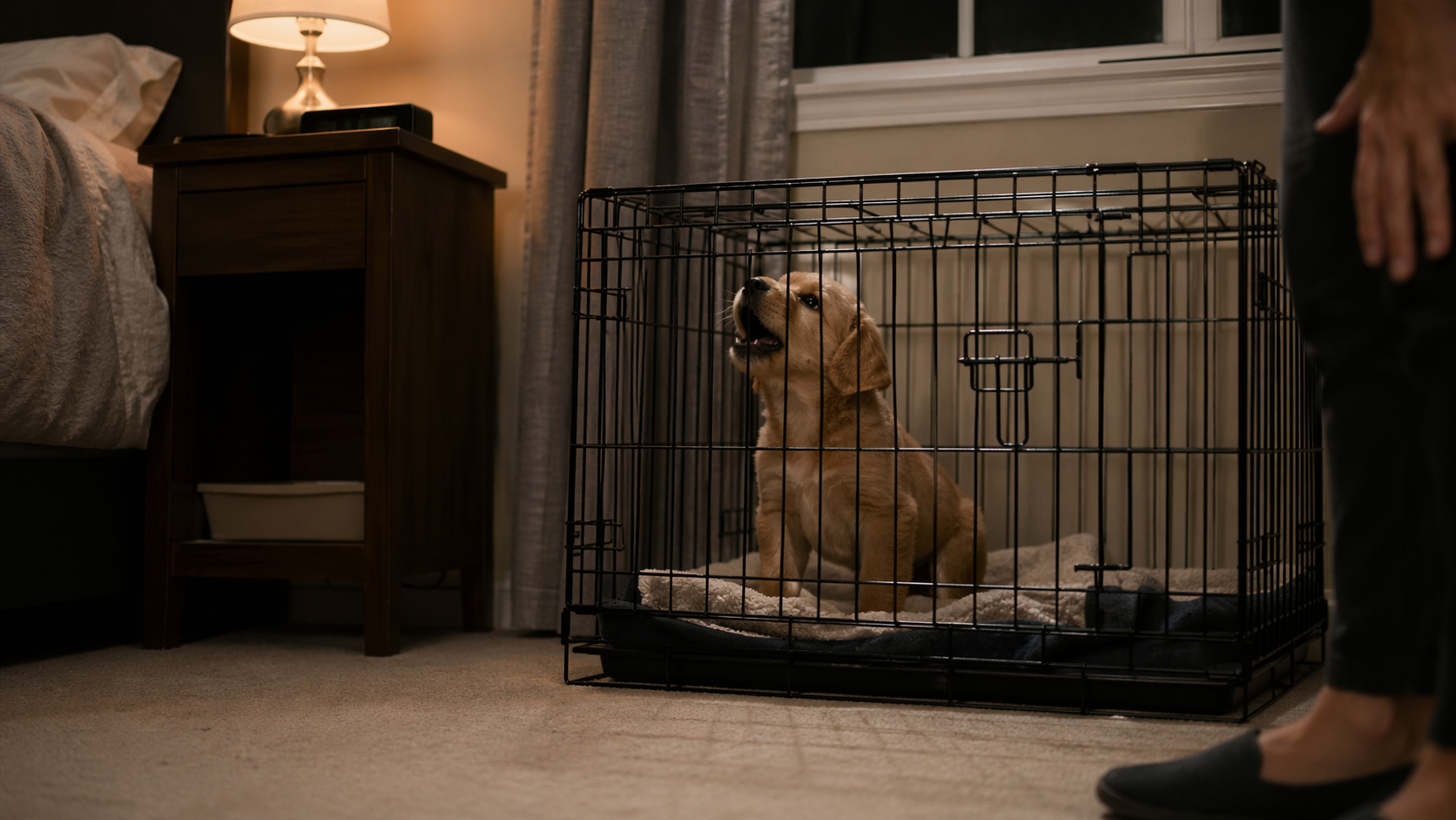 Small puppy sitting inside a black wire crate, looking upward with mouth slightly open