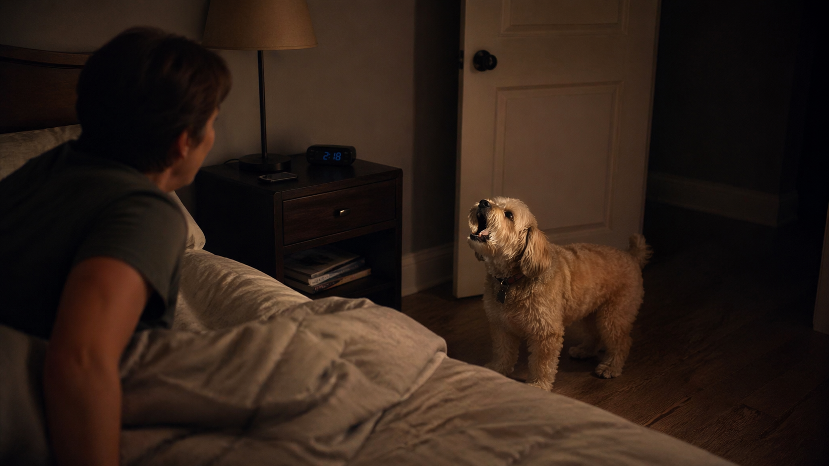 An older dog standing on a bed at night with its head raised and mouth open as if barking in a dimly lit bedroom