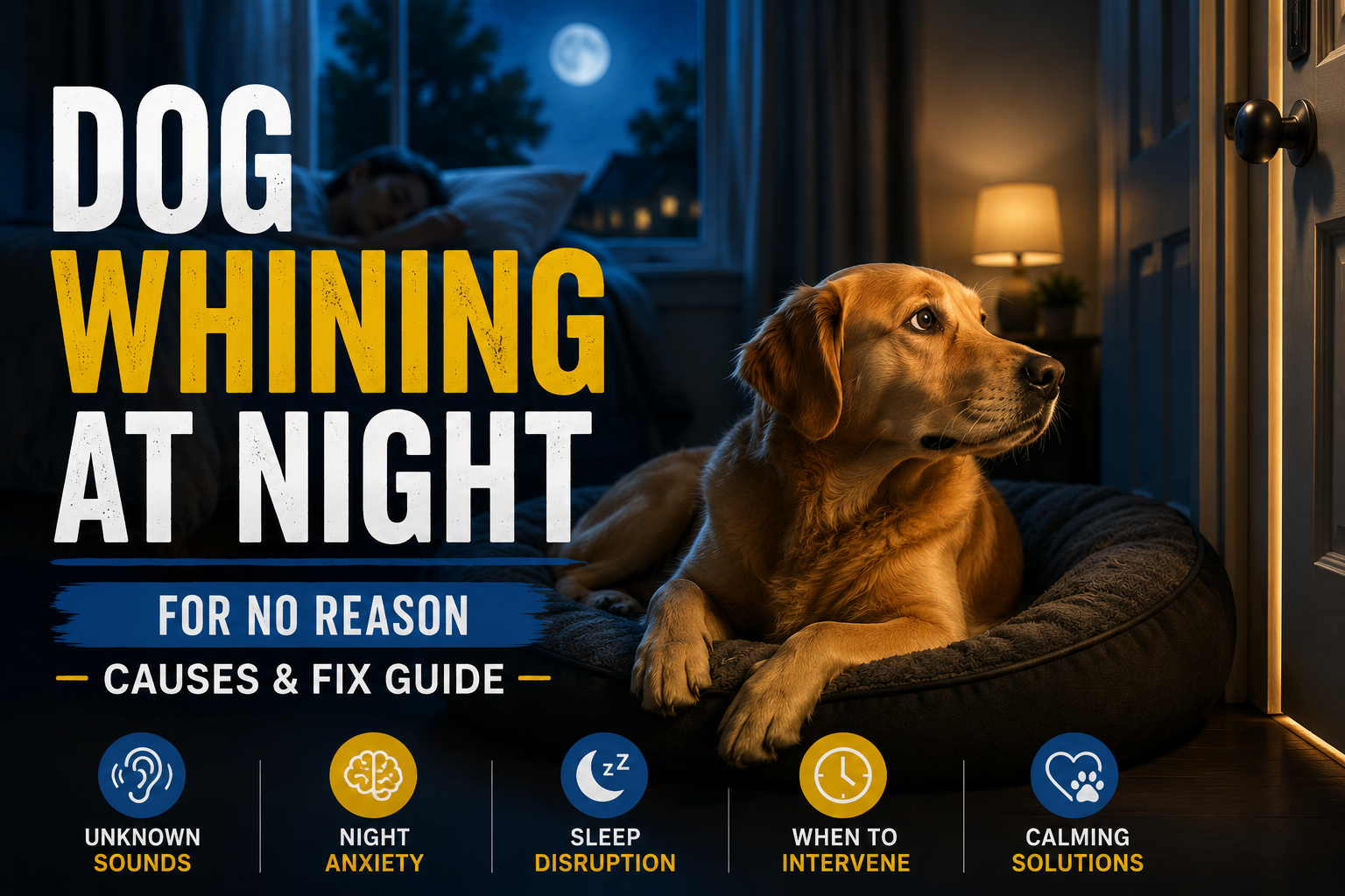 Golden Retriever becoming alert in a quiet bedroom at night while the owner sleeps.